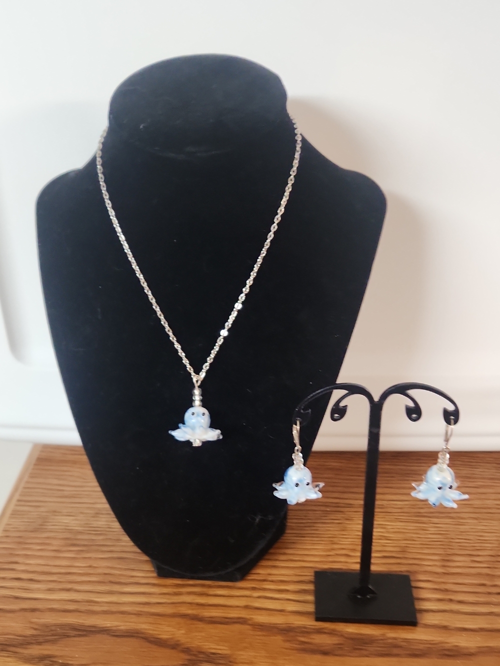 Handmade Light Blue Octopus Pendant Necklace and Earrings Set